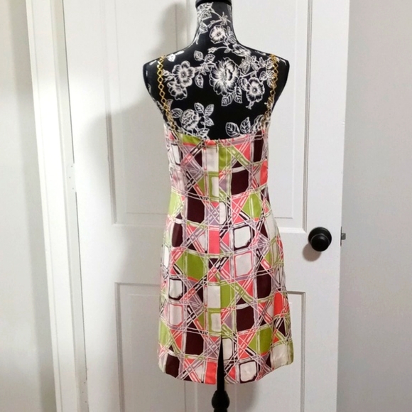 🆕️ 💚VTG Milly💚 - Multicolor Geometric Print Chain Straps Silk Cocktail Dress - Picture 2 of 15
